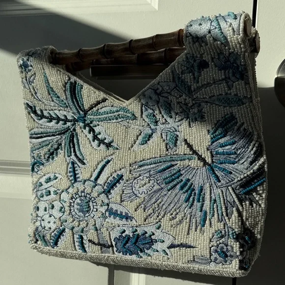 TJ Maxx / Marshall’s Floral Embroidered Beaded Bag with Bamboo Handle - Picture 5 of 6